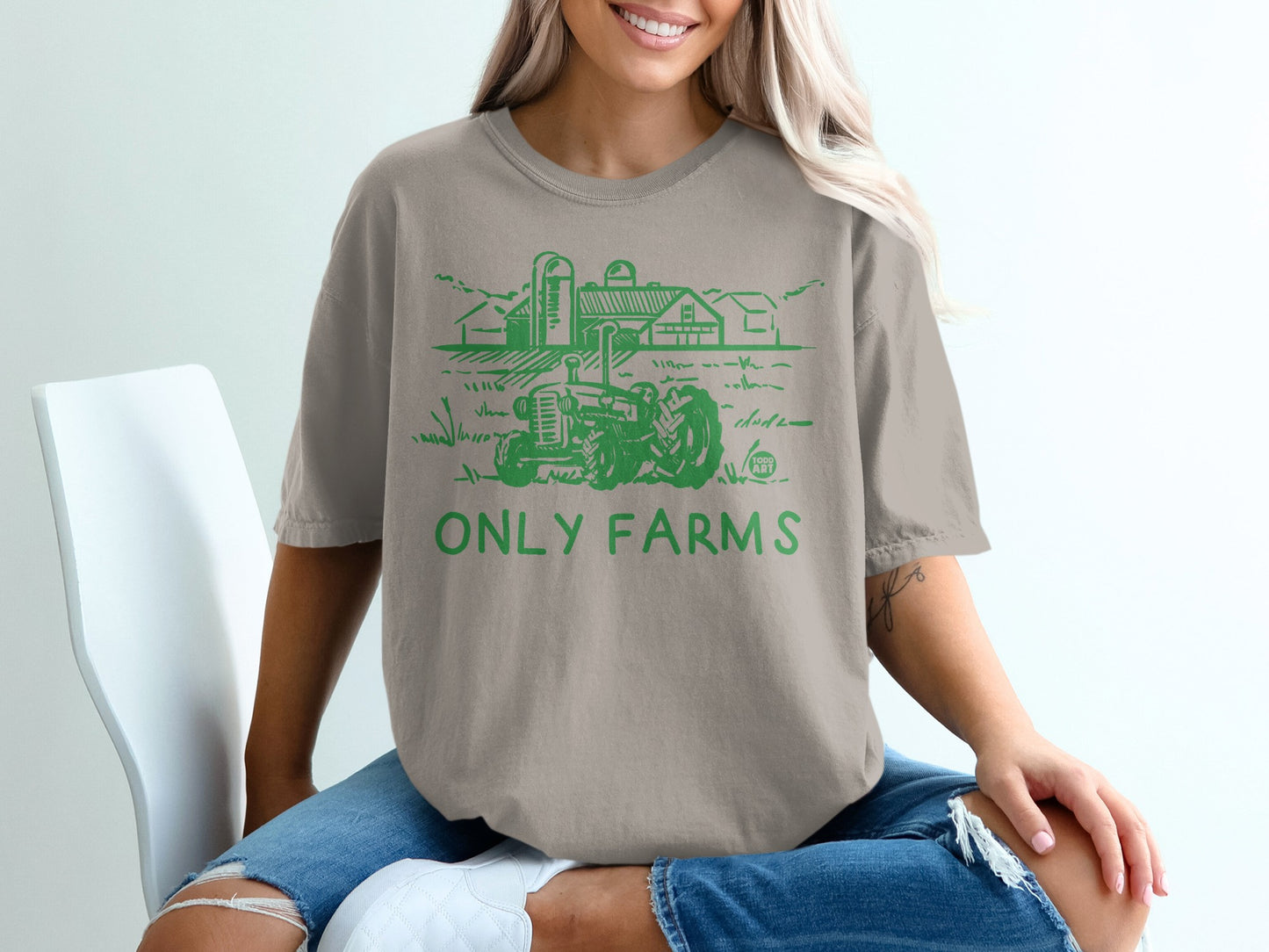 Tan ONLY FARMS Tractor Barn Green Graphic T-Shirt