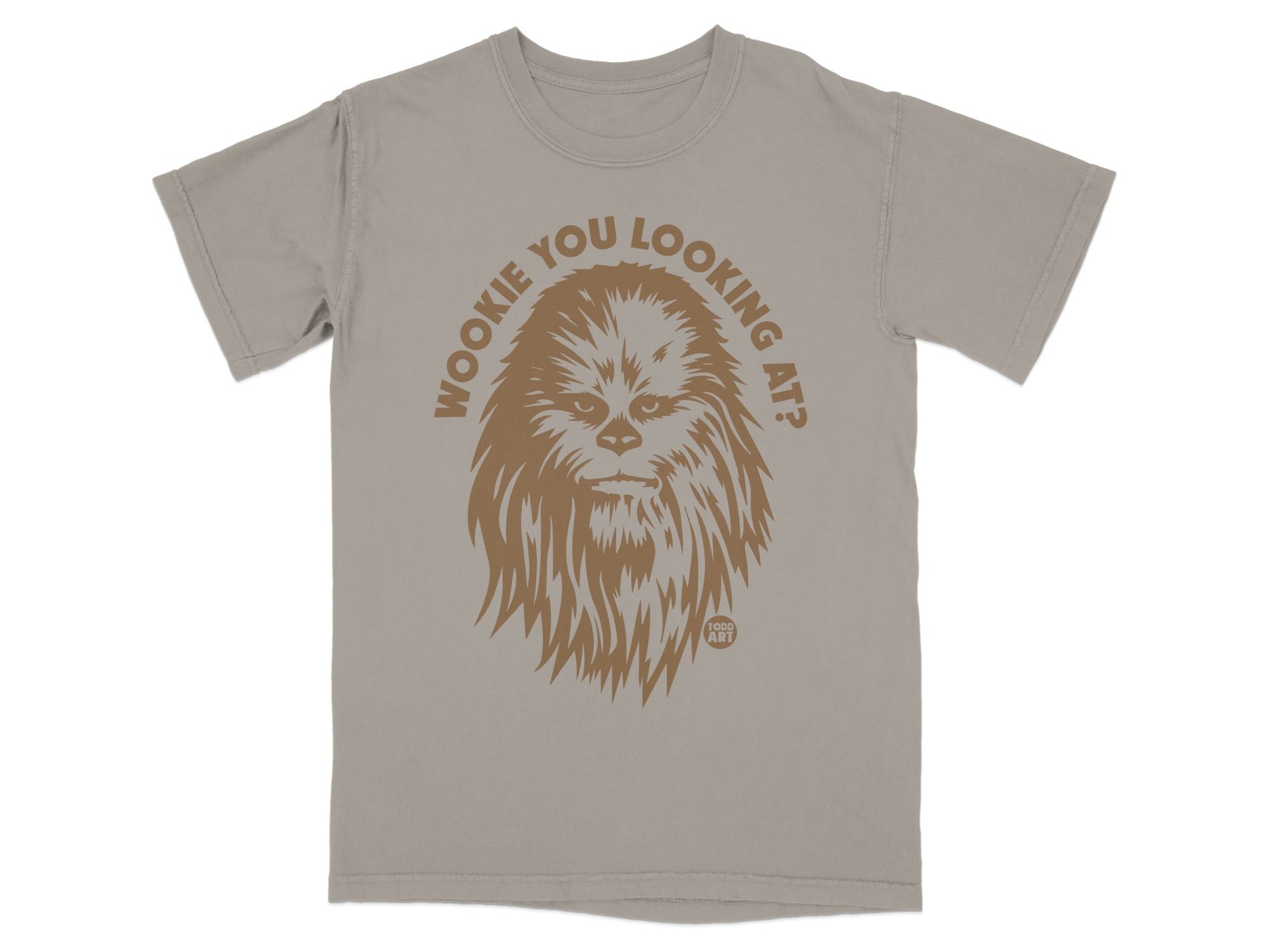 Brown Wookiee graphic with text "Wookiee you looking at?" on a grey t-shirt.
