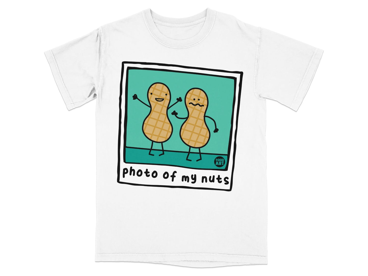 Cartoon peanuts in a photo frame with "photo of my nuts" text.