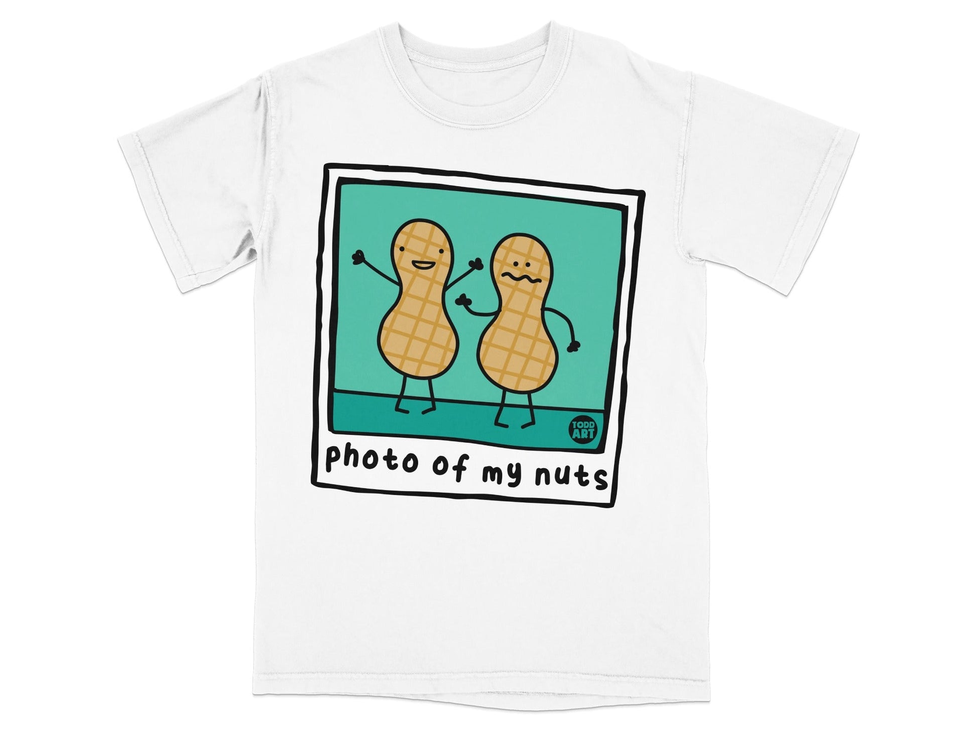 Cartoon peanuts in a photo frame with "photo of my nuts" text.