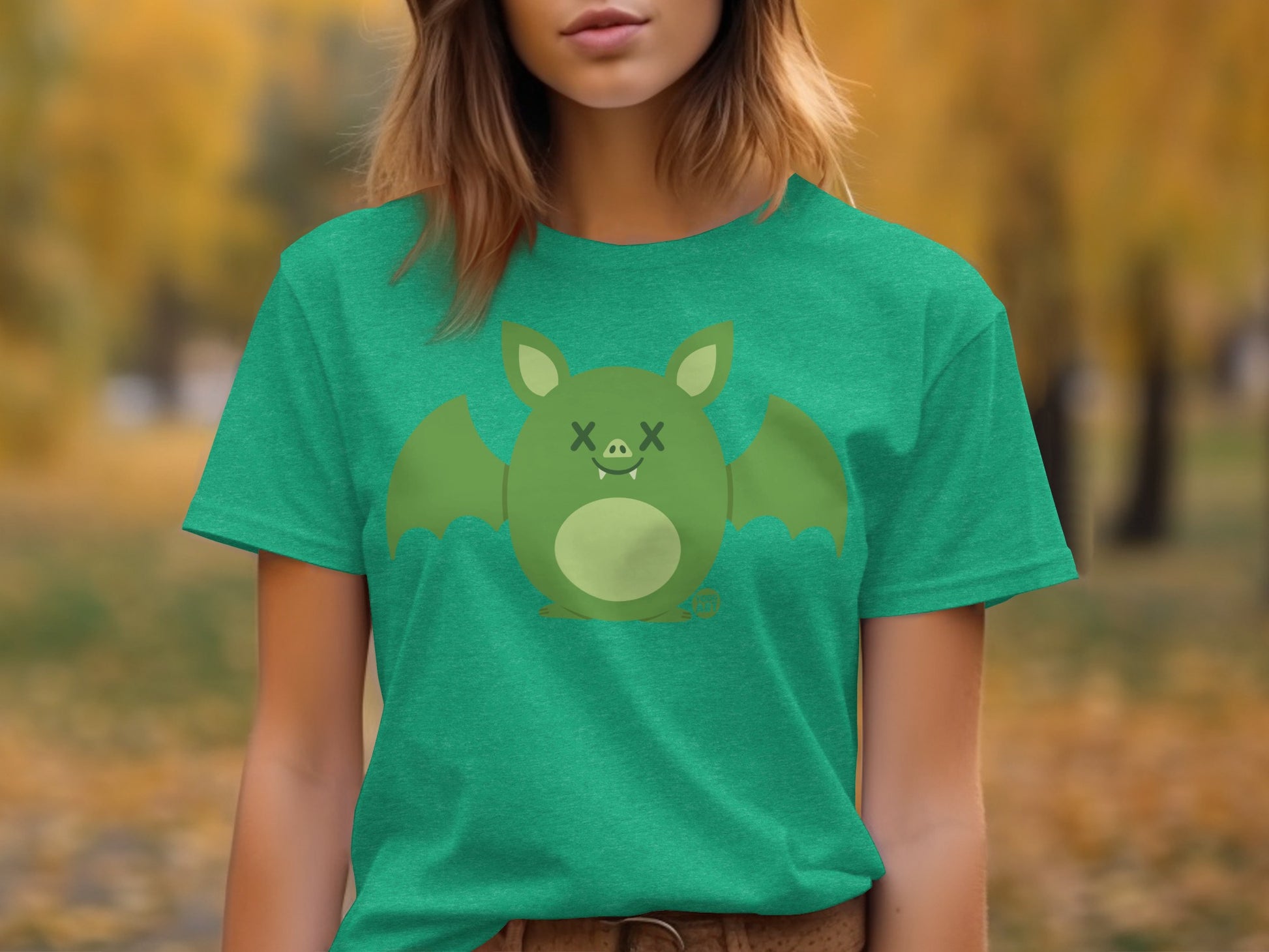 Women's Green Shirt with Cute Bat Art Design