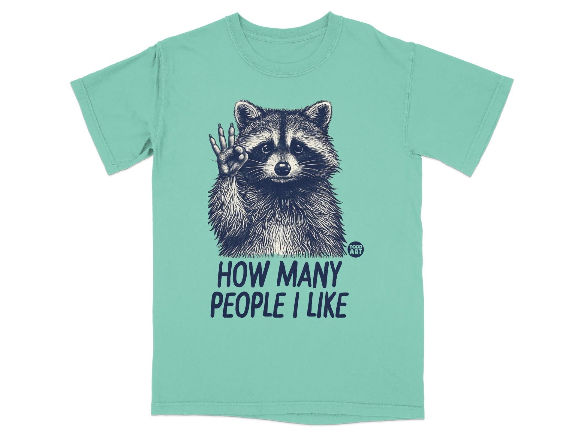 T-shirt with raccoon giving a high five, text "How many people I like."