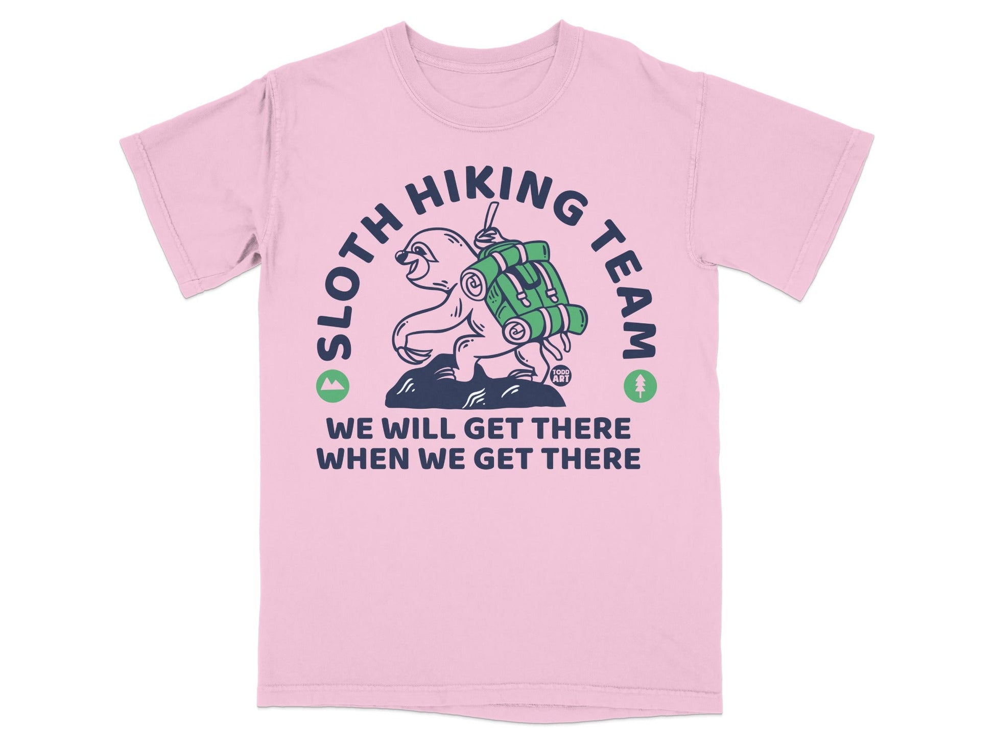 Pink t-shirt with "Sloth Hiking Team" logo and text.