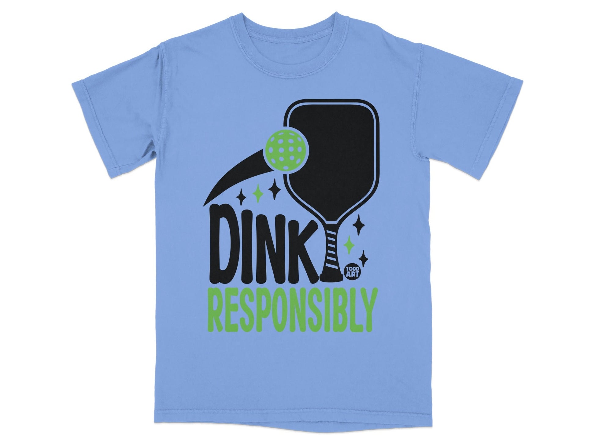Light blue t-shirt with black and green "Dink Responsibly" pickleball graphic.