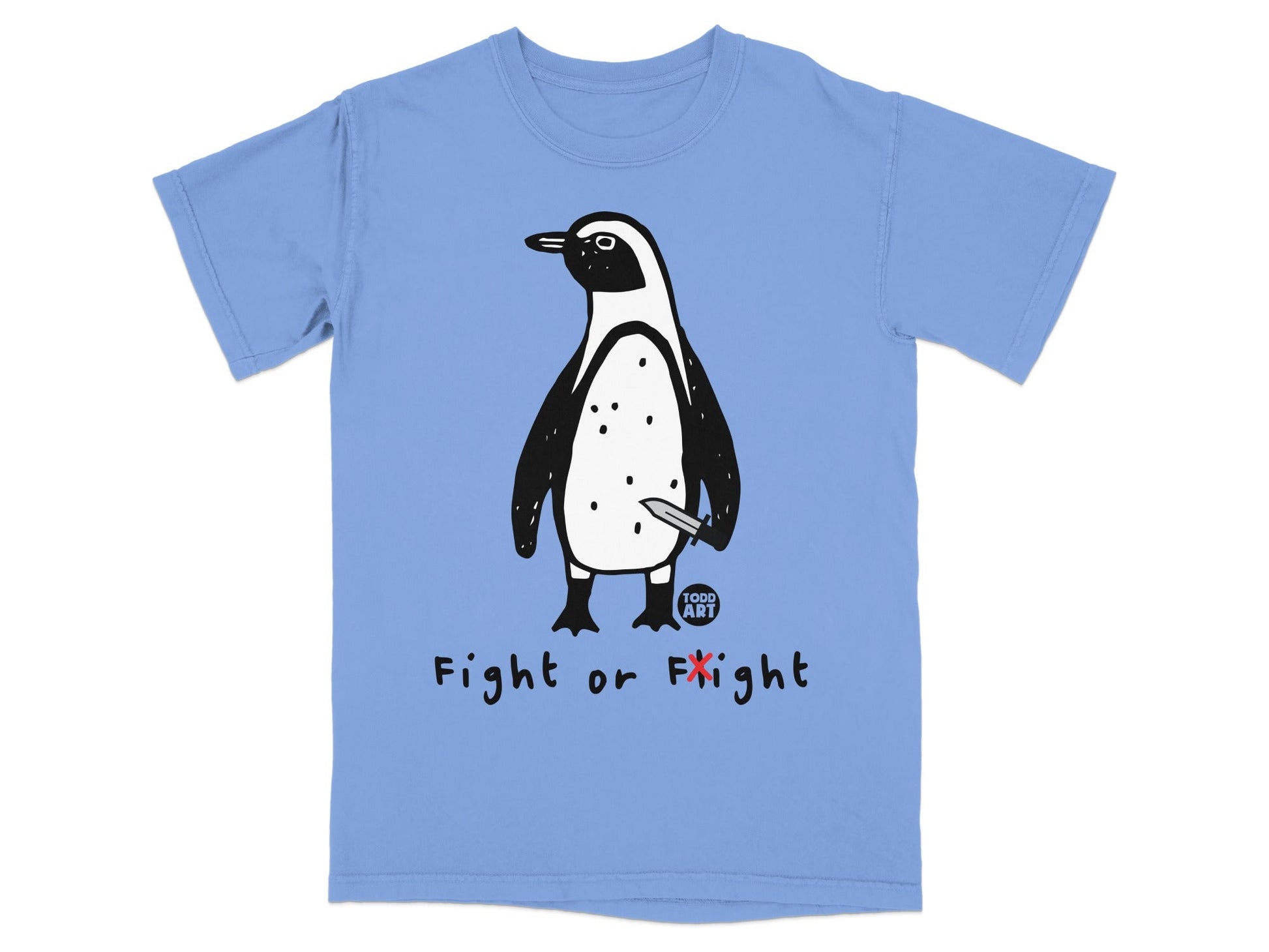 Penguin with knife on t-shirt, text "Fight or Flight".