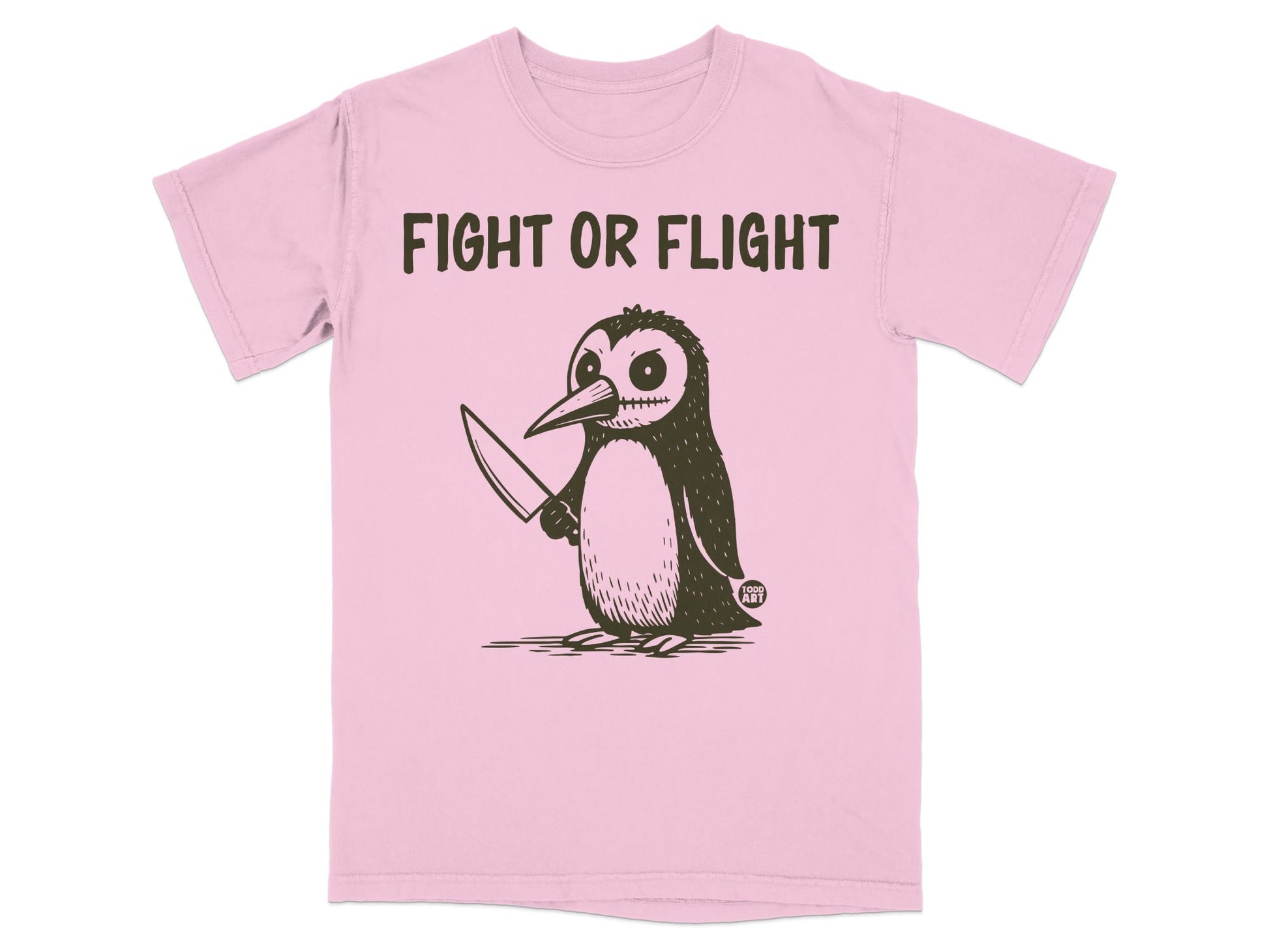 Pink t-shirt with cartoon penguin holding a knife, text reads "Fight or Flight".