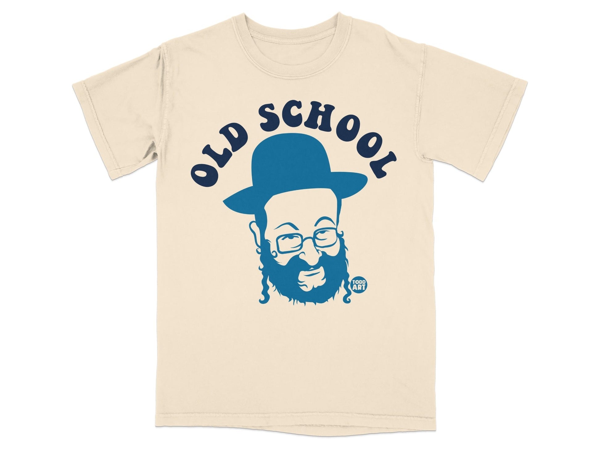 Cream t-shirt with blue graphic of a man in a hat and glasses, text "OLD SCHOOL".
