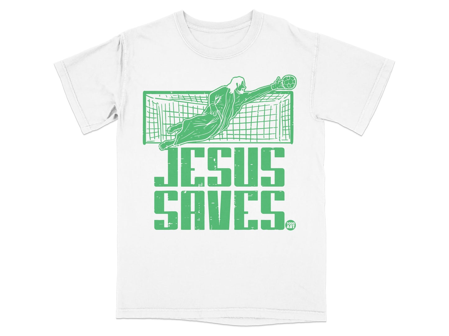 Green graphic of a soccer goalie diving to save a ball, with text "JESUS SAVES".