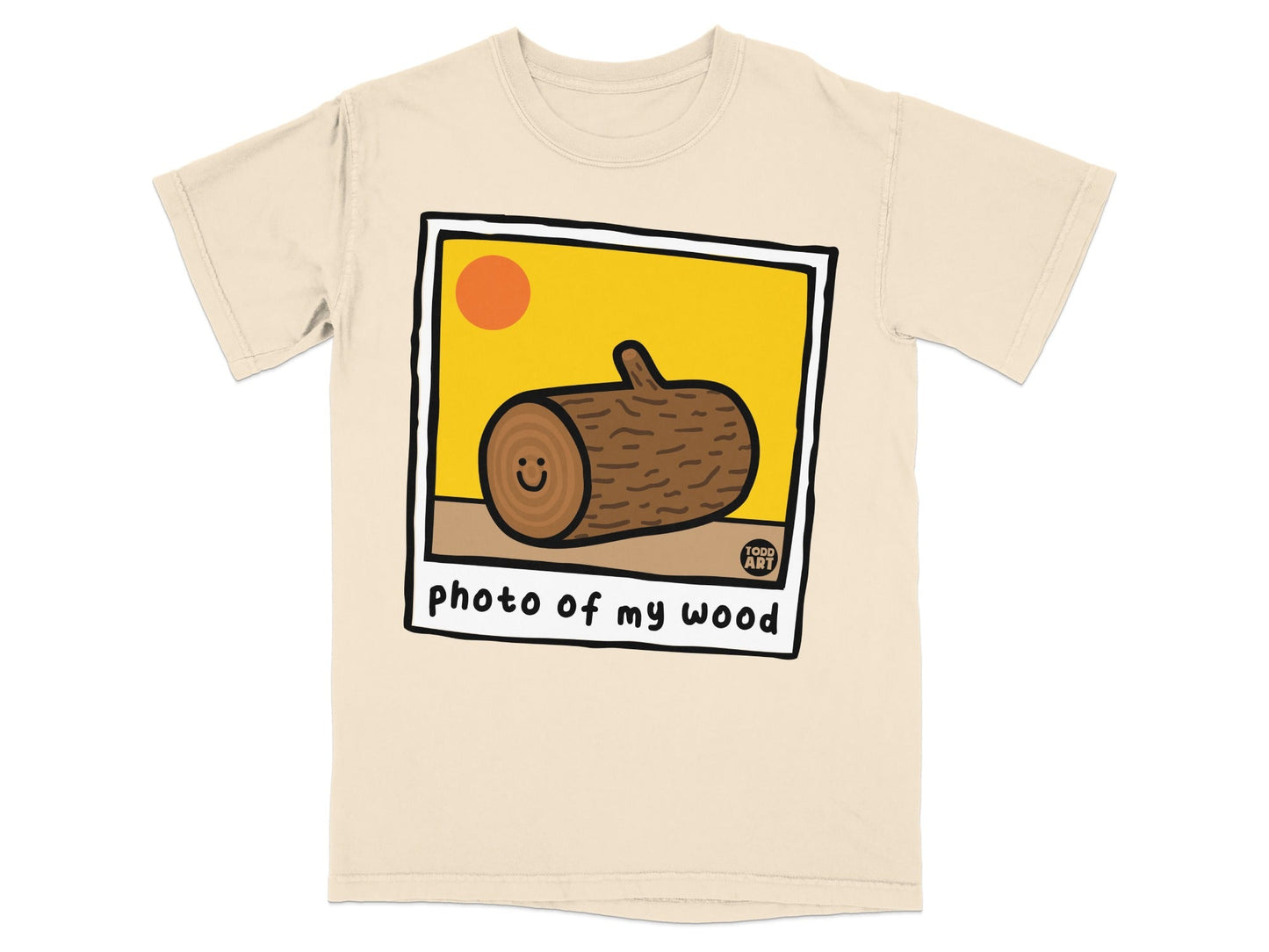 T-shirt with a cartoon of a smiling log and text "photo of my wood".