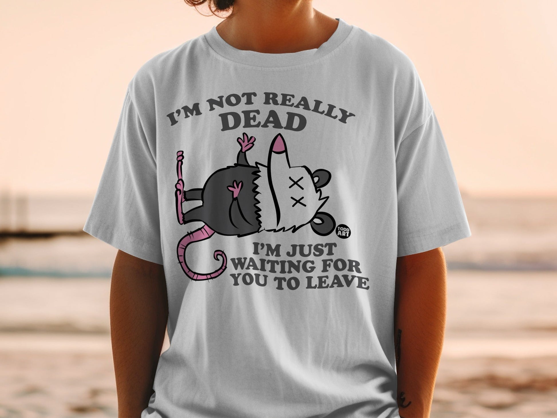 Gray t-shirt with a cartoon opossum and text "I'm not really dead, I'm just waiting for you to leave."