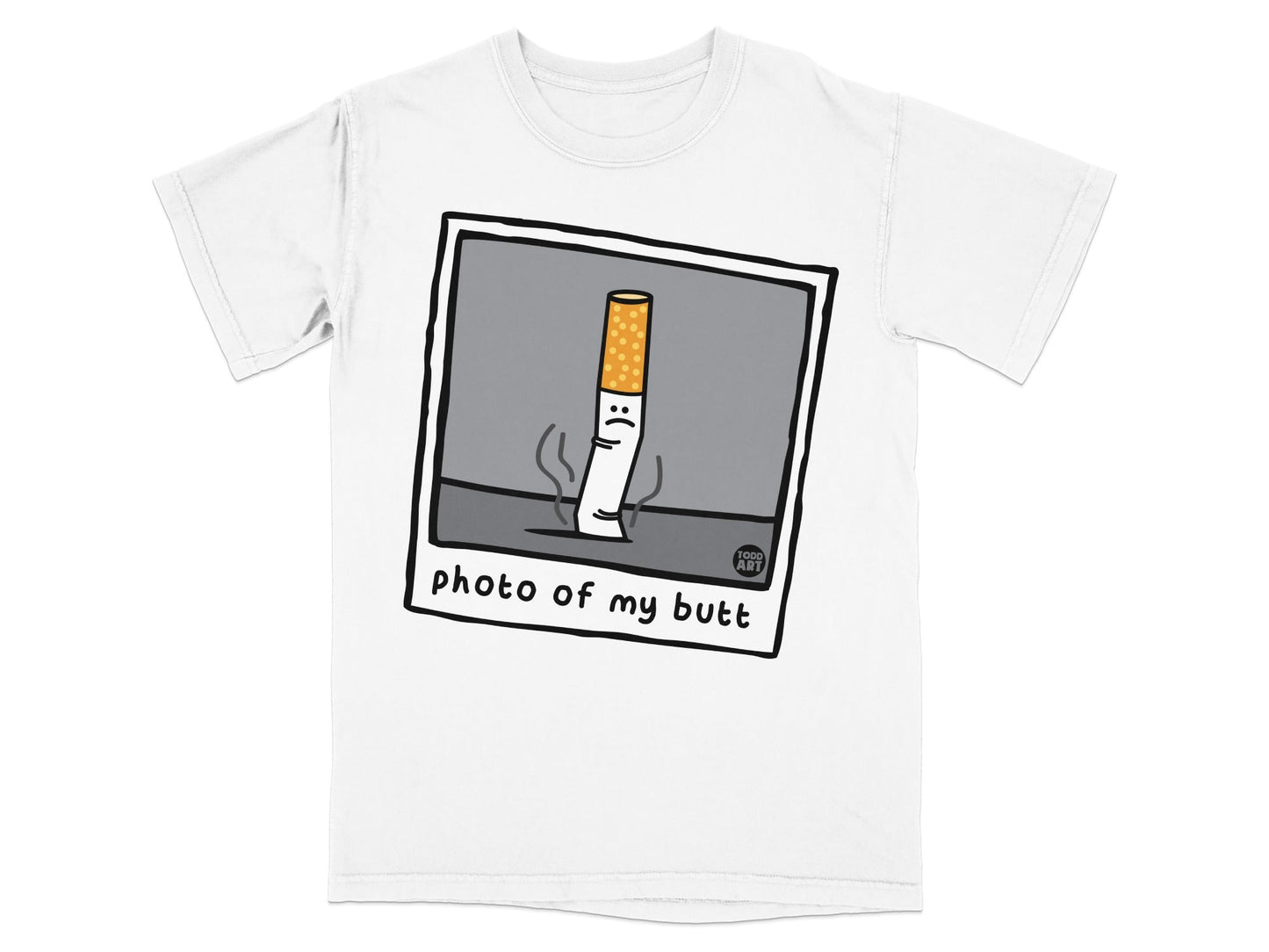 T-shirt with a cartoon cigarette butt with a sad face in a polaroid frame.