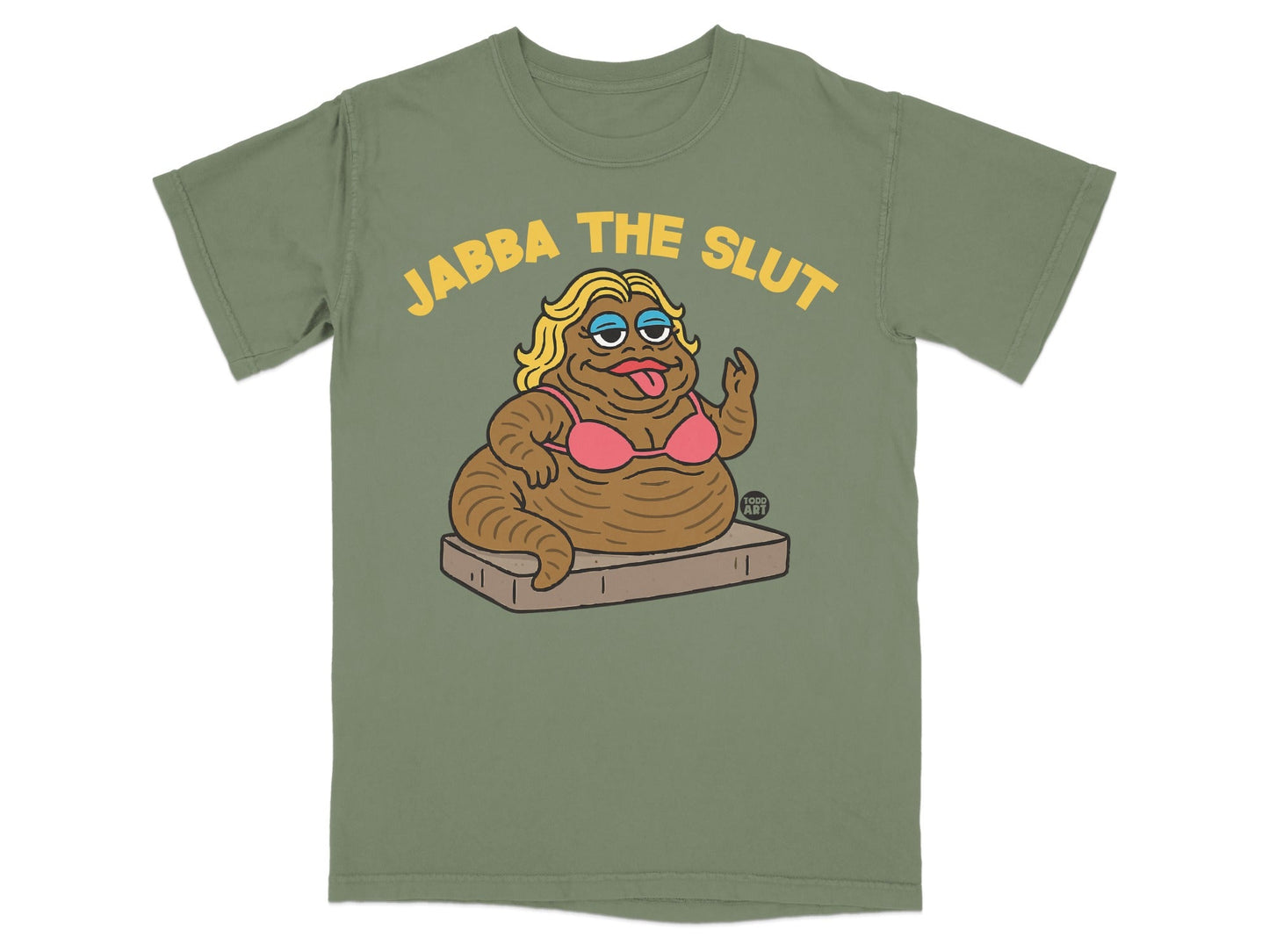 T-shirt with cartoon Jabba the Hutt in a bikini, "Jabba the Slut" text.