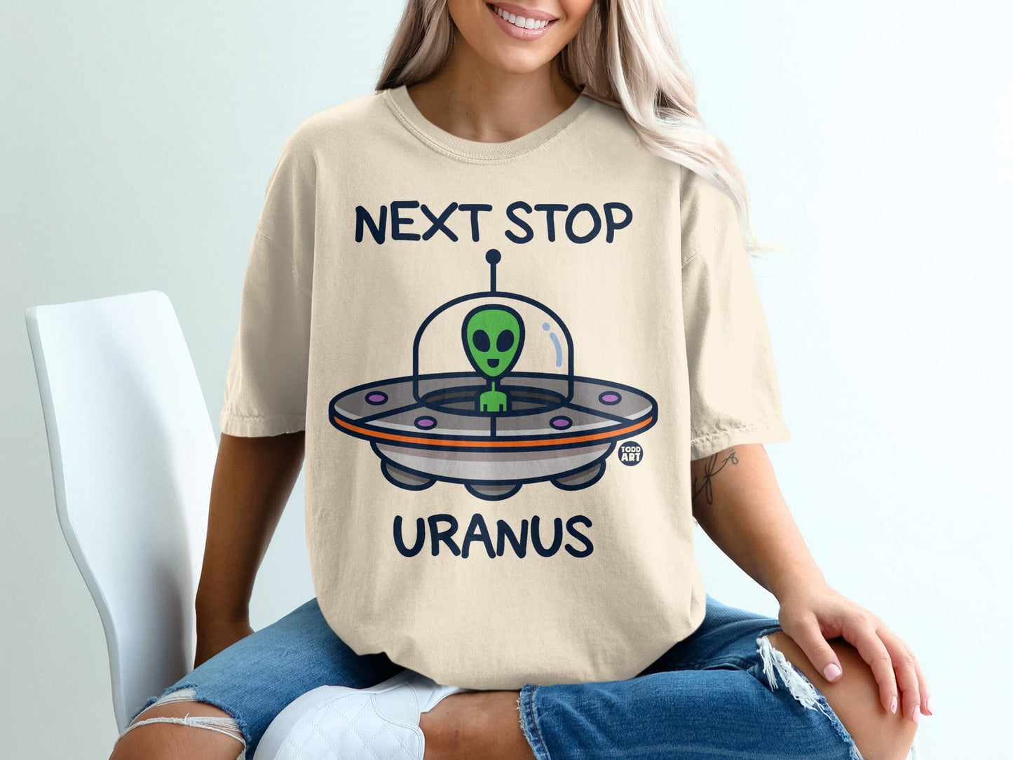 Funny Next Stop Uranus Alien Spaceship Graphic T-Shirt