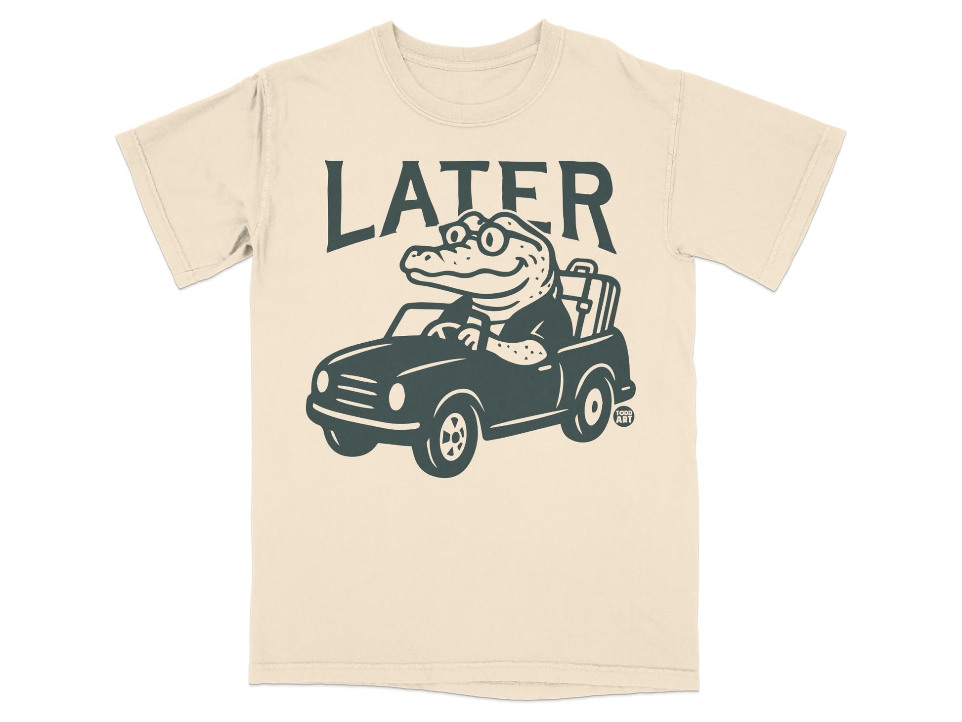 Alligator wearing glasses drives a car with the word "LATER" above.
