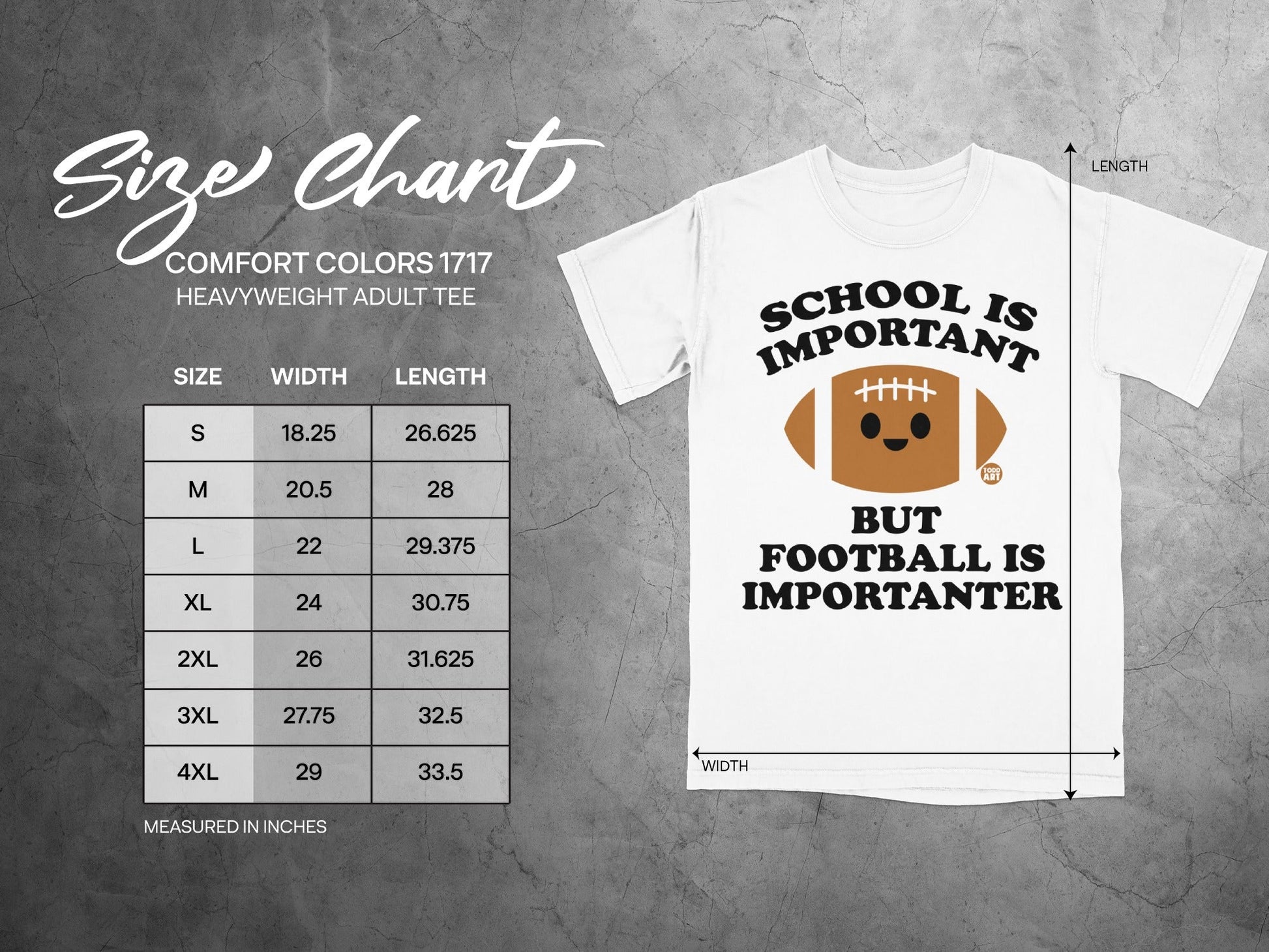 Comfort Colors 1717 heavyweight adult tee size chart with chest width and length.