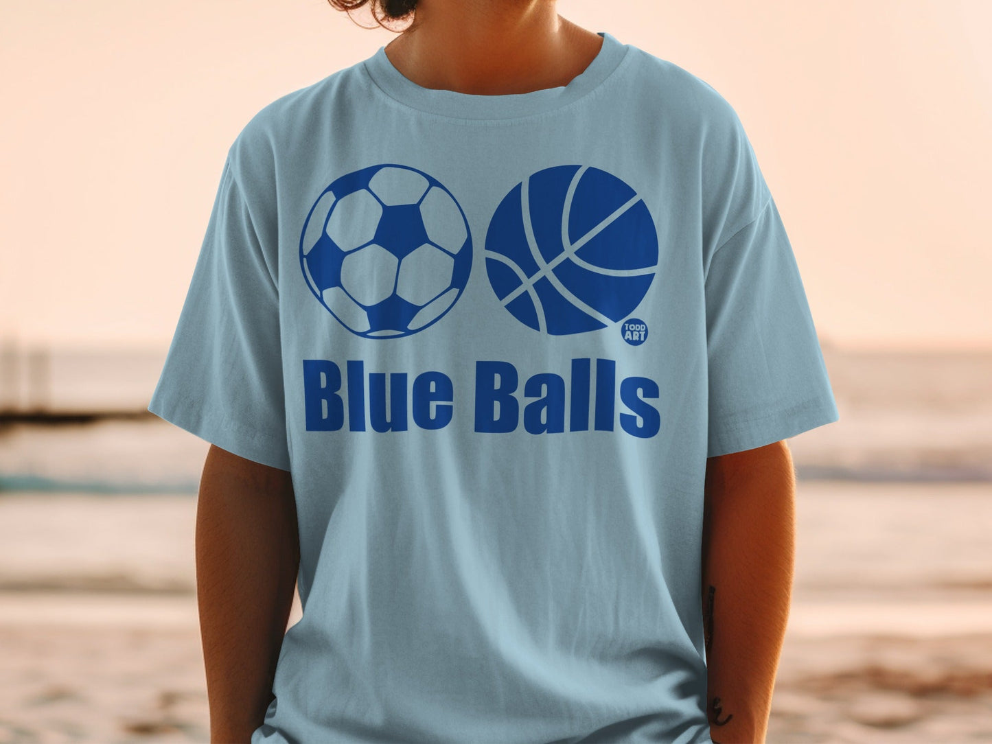 Blue t-shirt with a soccer ball and basketball design.