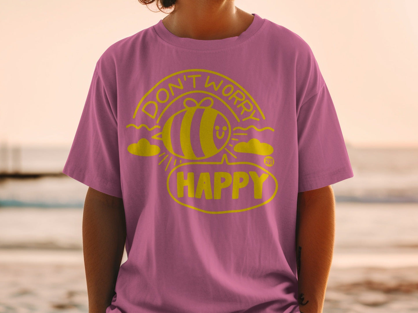 Don't Worry Be Happy Graphic Tee Fun Yellow Print
