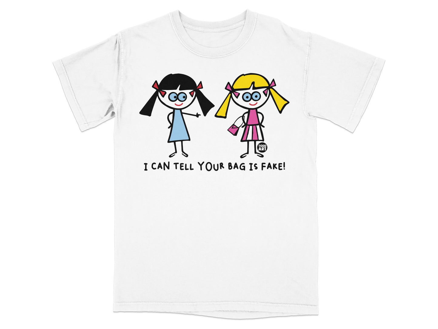 Funny Cartoon Girls I Can Tell Your Bag Is Fake! T-Shirt