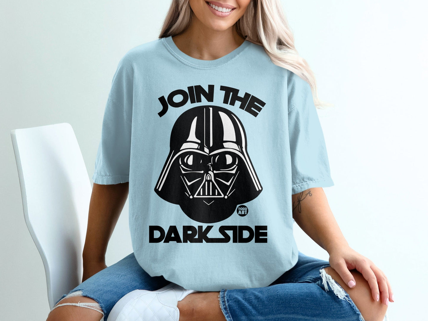 Light blue t-shirt with Darth Vader and "Join the Dark Side" text.