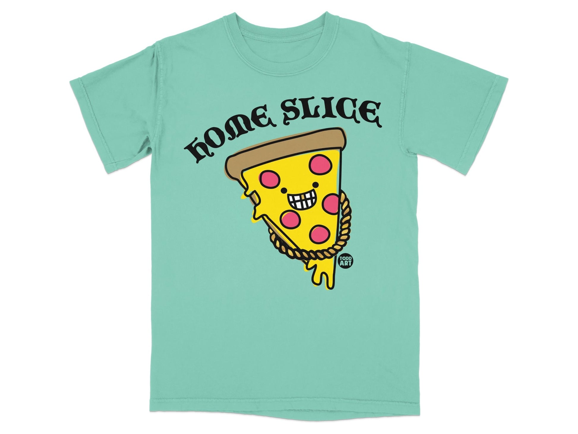 Mint green t-shirt with a smiling pizza slice graphic and "HOME SLICE" text.