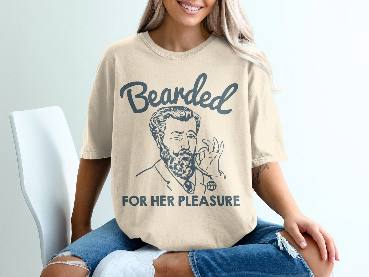 Bearded for Her Pleasure graphic t-shirt with vintage illustration of a man.