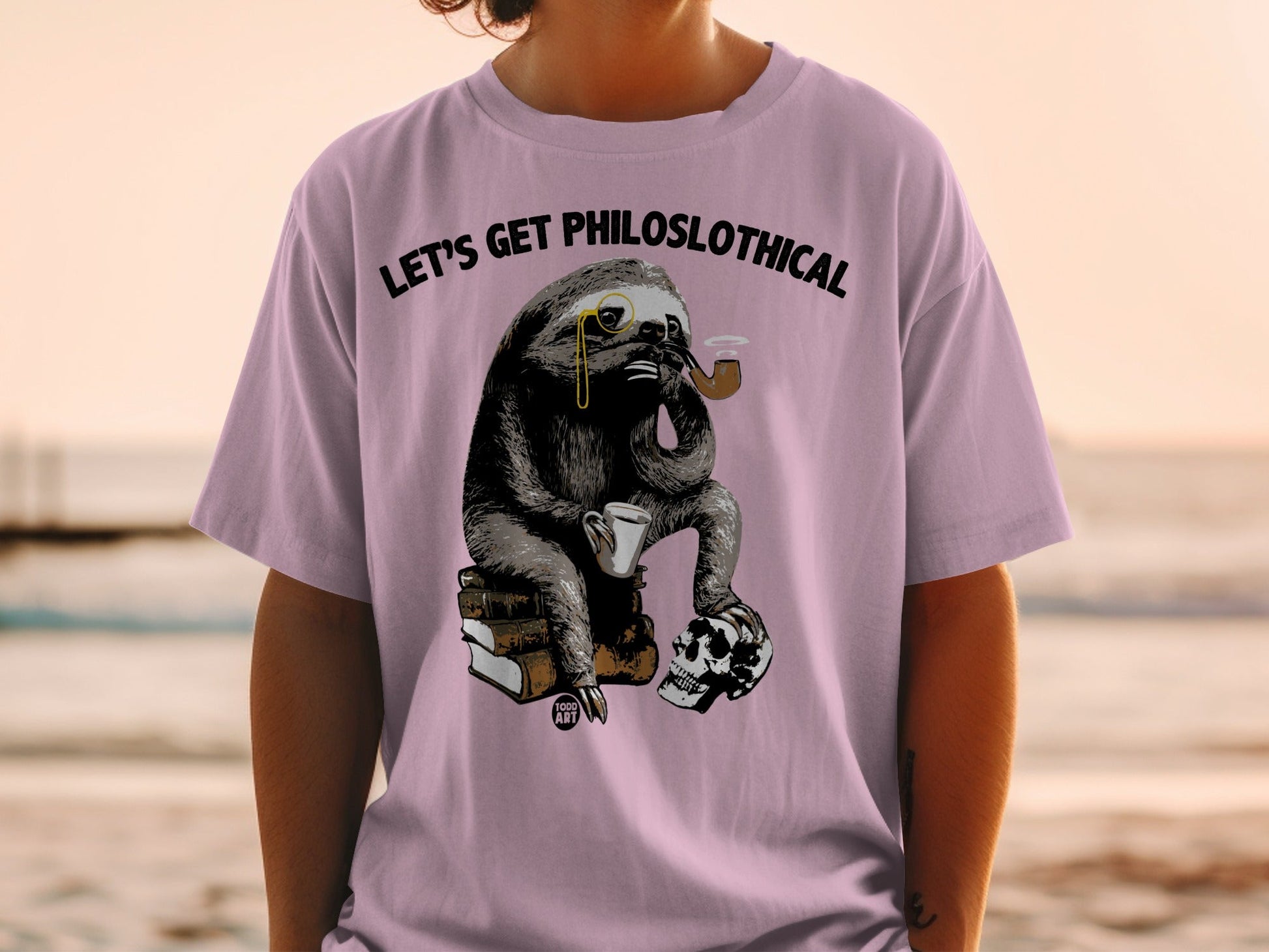 Sloth in spectacles smoking pipe, holding coffee cup, sitting on books and skull.