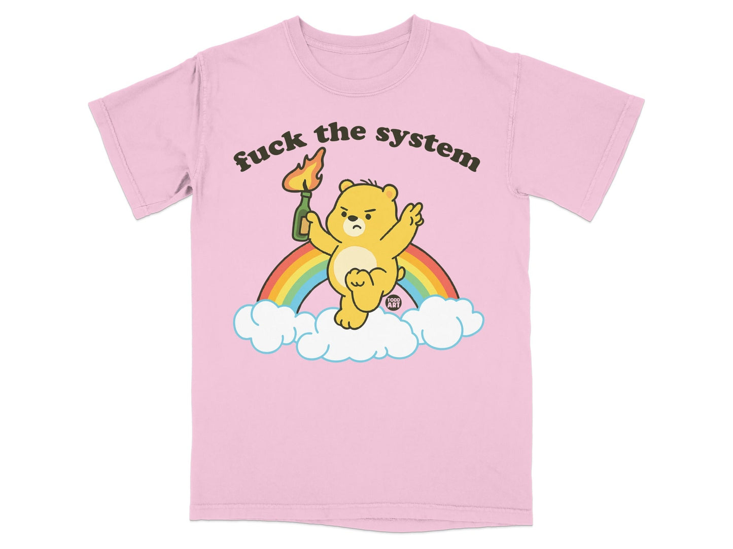 Pink T-Shirt with Anti-System Bear and Rainbow Design