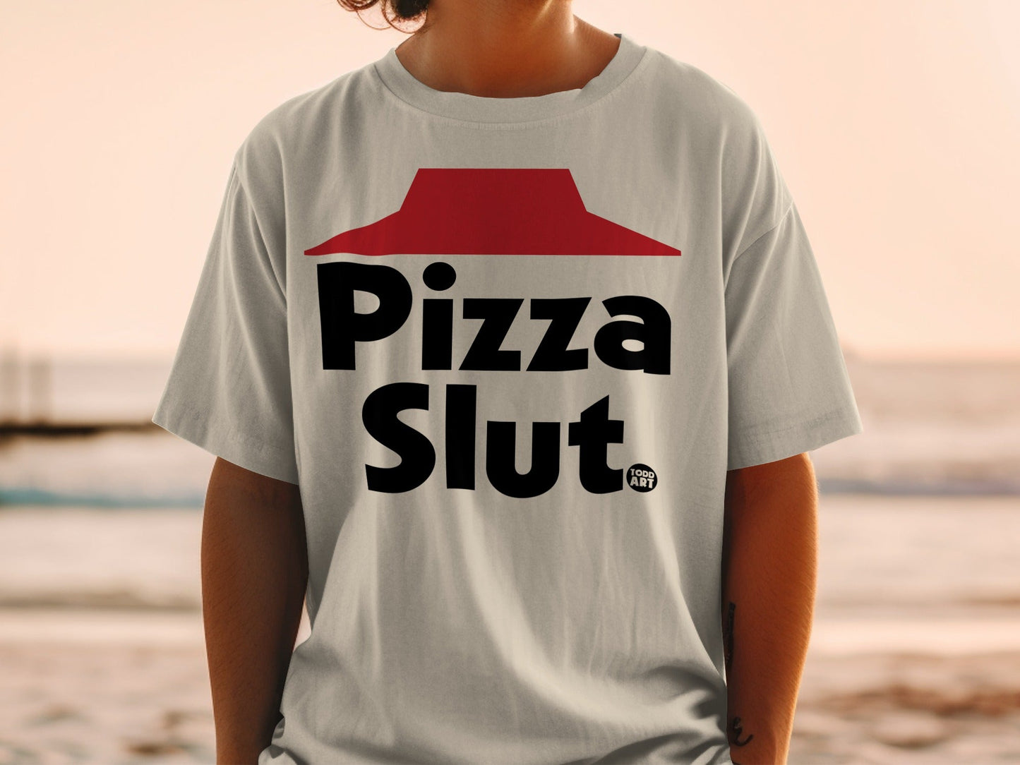 Gray t-shirt with red Pizza Hut logo and "Pizza Slut" text.