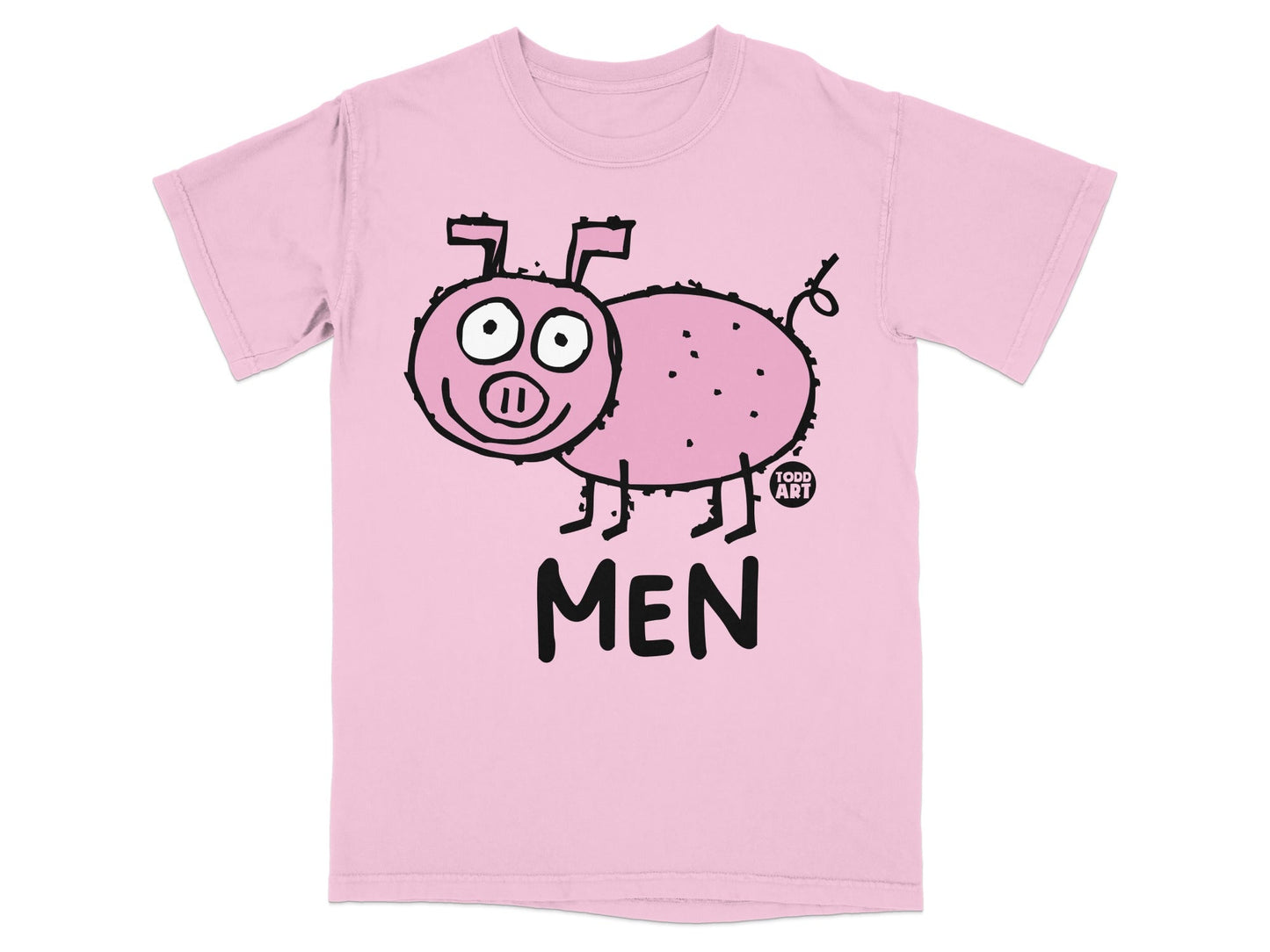 Pink t-shirt with a cartoon pig and "TODD ART MEN" text.