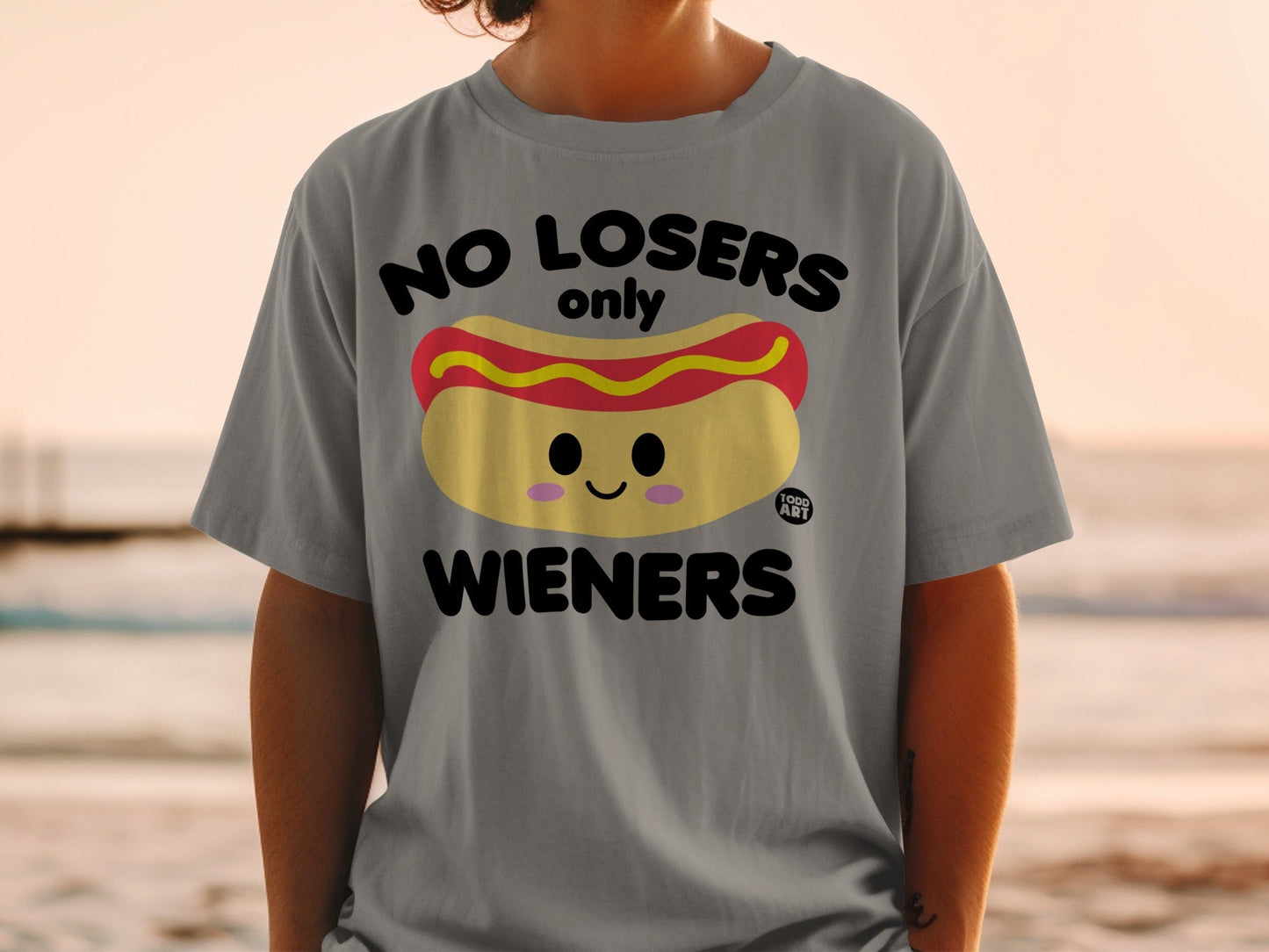 Grey t-shirt with "NO LOSERS only WIENERS" and a hot dog graphic.