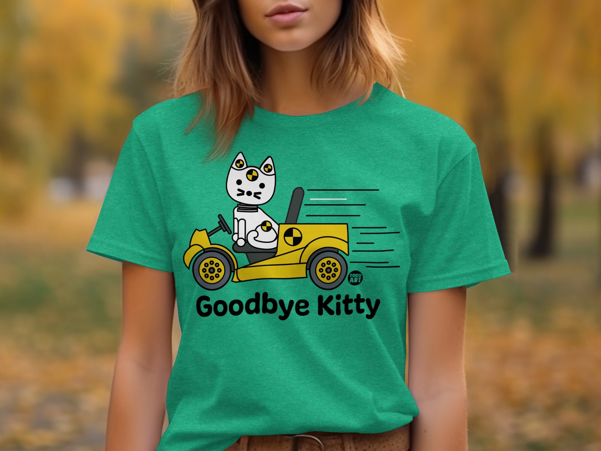 Goodbye Kitty Cute Cat in Car Graphic T-Shirt