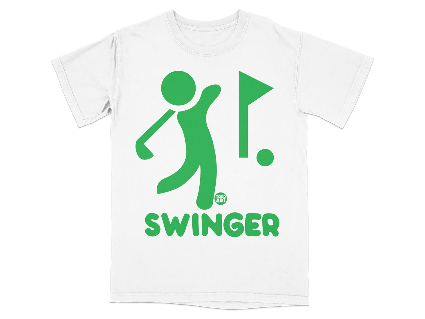 White t-shirt with green golf silhouette and "SWINGER" text.