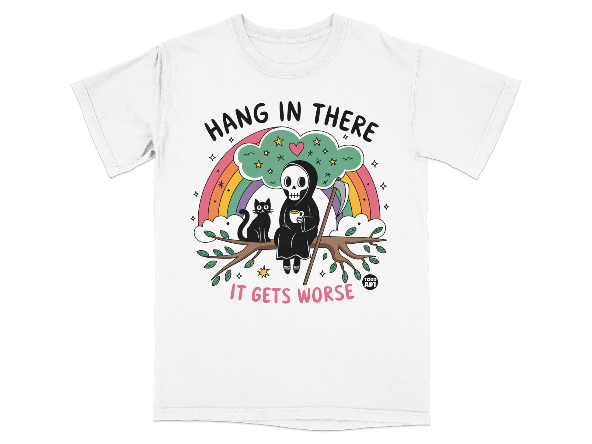 Grim Reaper skeleton cat on branch with rainbow, text "Hang in there it gets worse".