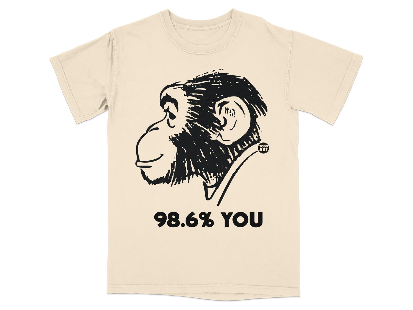 T-shirt with chimp illustration and text "98.6% YOU".