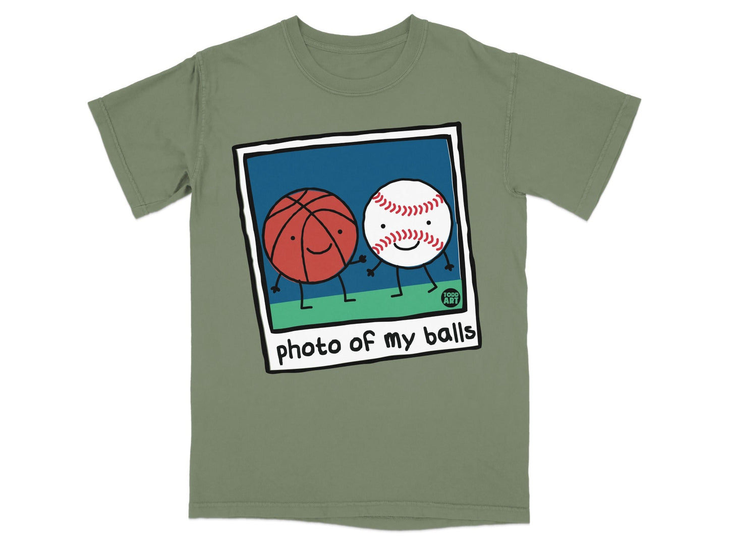 Cartoon basketball and baseball figures with "photo of my balls" text.