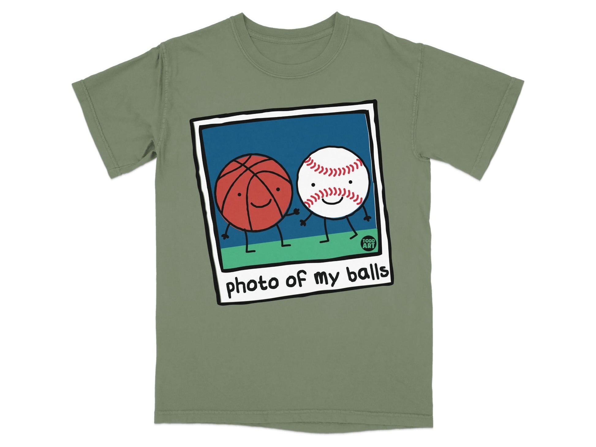 Cartoon basketball and baseball figures with "photo of my balls" text.