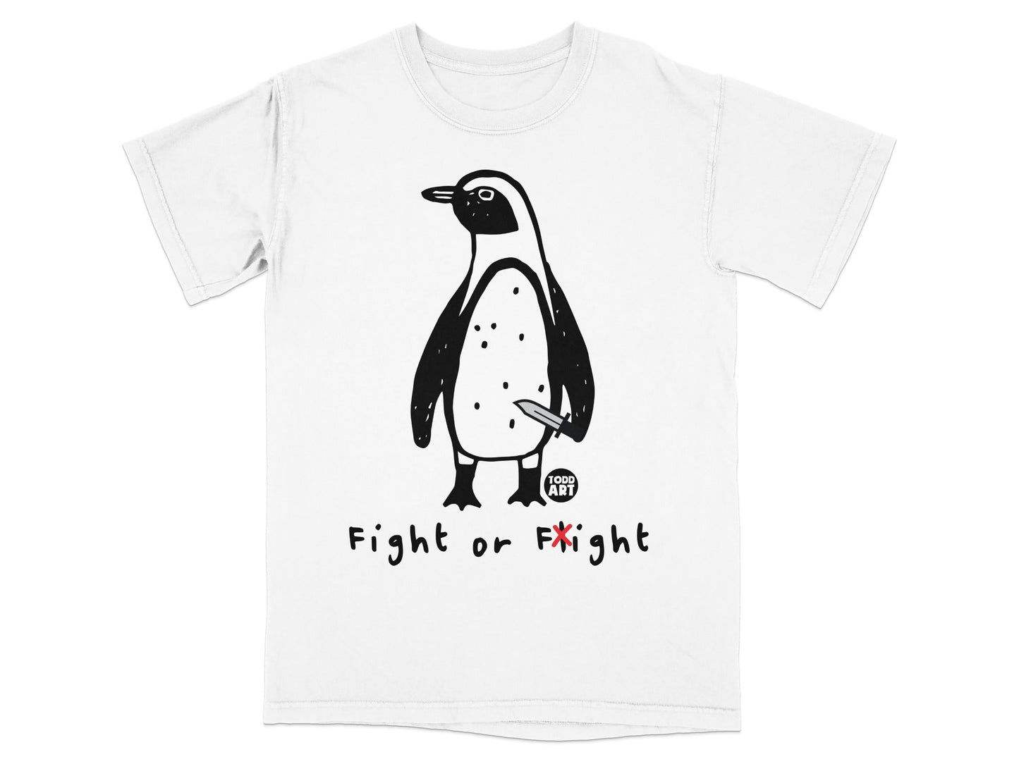 Black and white penguin holding a small knife with text "Fight or Flight".