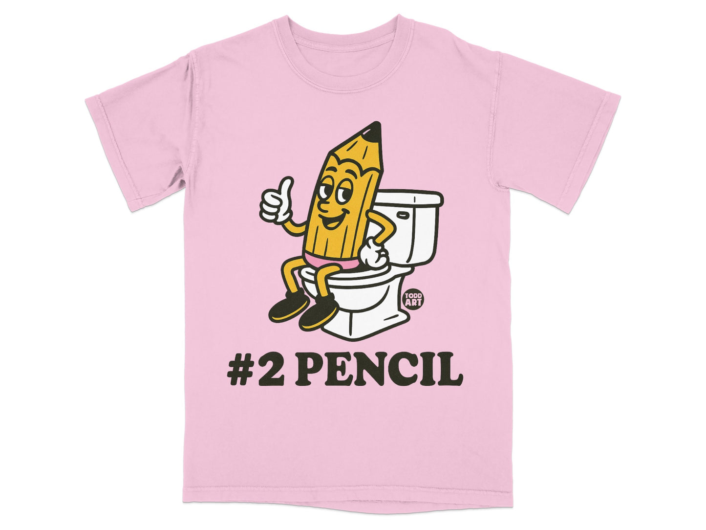 Pink t-shirt with a cartoon pencil giving a thumbs up on a toilet, "#2 PENCIL".