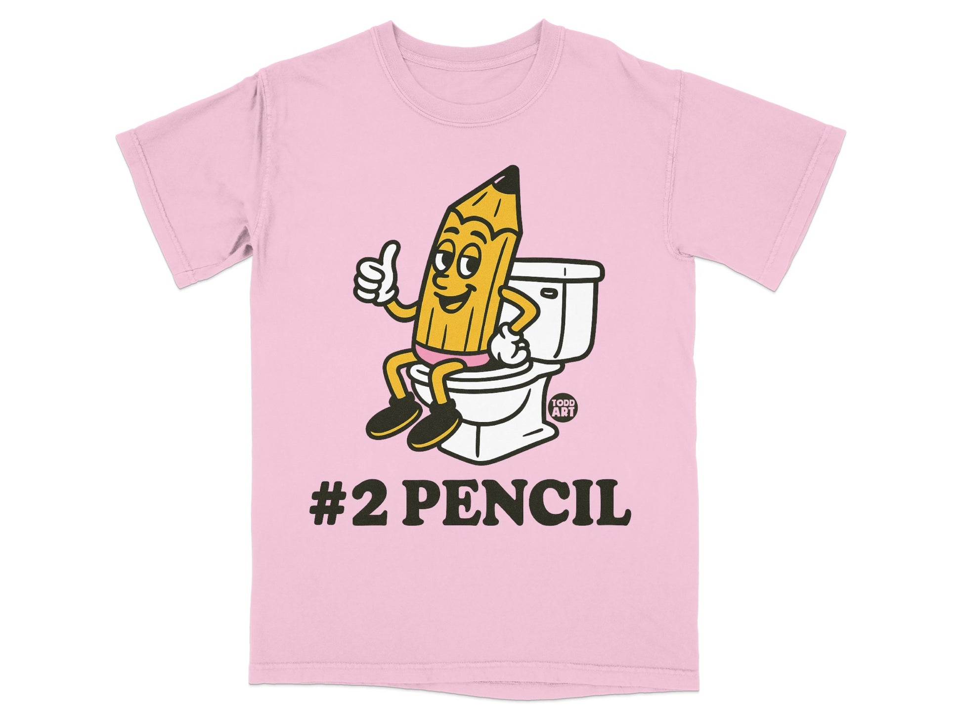 Pink t-shirt with a cartoon pencil giving a thumbs up on a toilet, "#2 PENCIL".