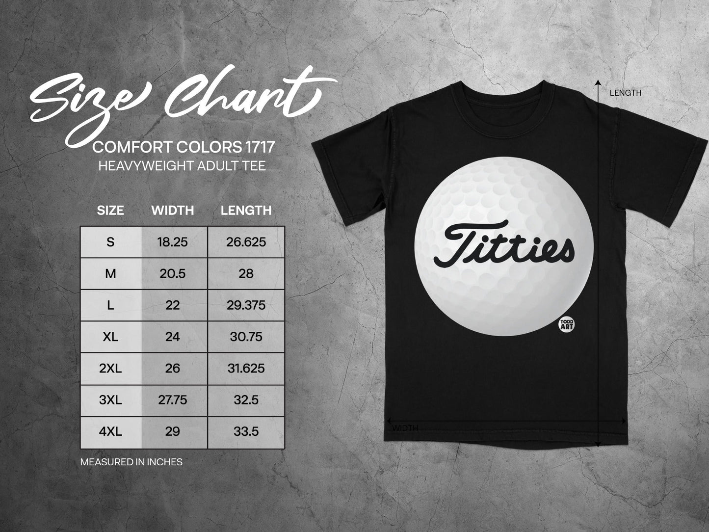 Size chart for Comfort Colors 1717 heavyweight adult tee with Titties graphic.