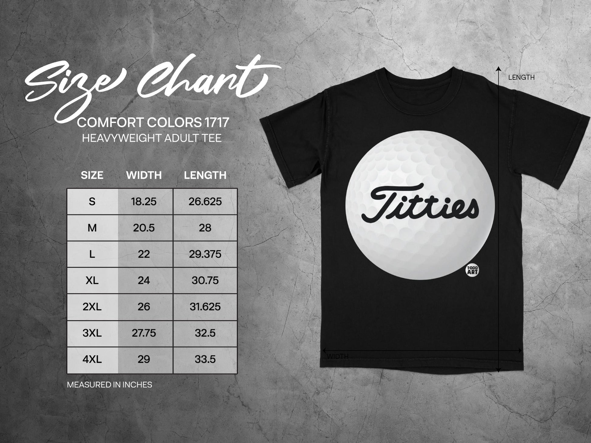 Size chart for Comfort Colors 1717 heavyweight adult tee with Titties graphic.