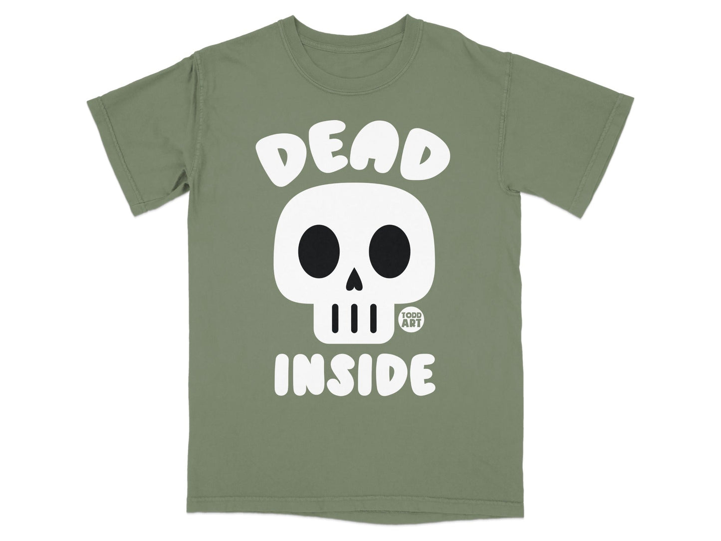 Green t-shirt with a white skull and "DEAD INSIDE" text.