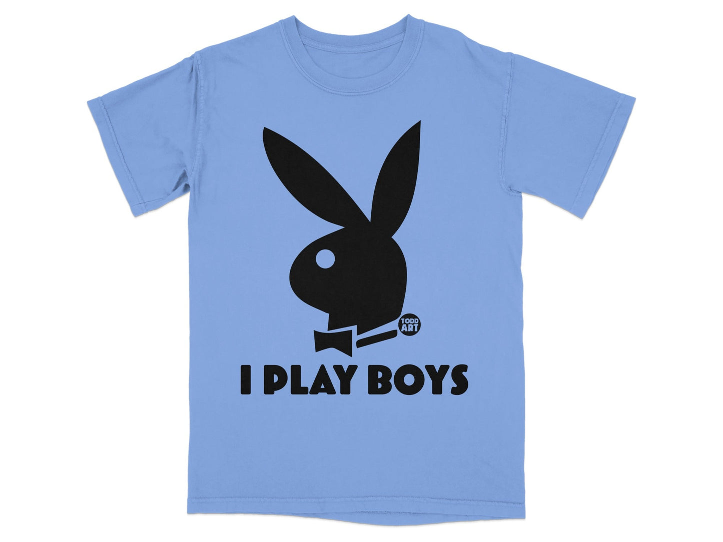 Light blue t-shirt with a black Playboy bunny logo and "I PLAY BOYS" text.