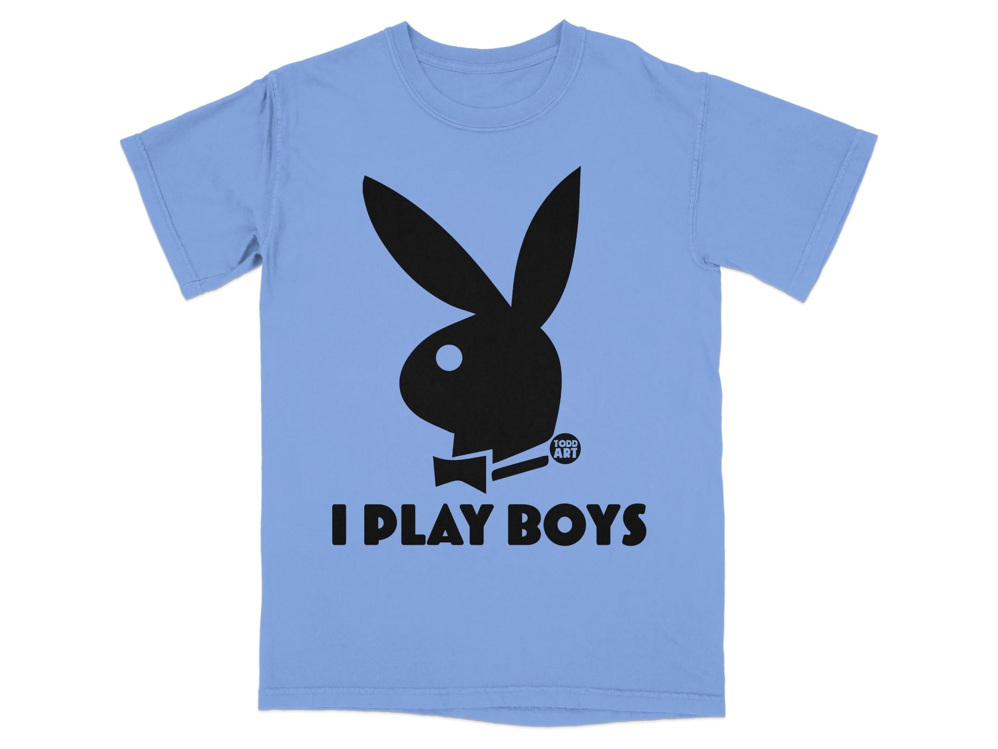 Light blue t-shirt with a black Playboy bunny logo and "I PLAY BOYS" text.