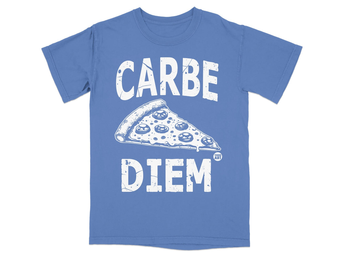 Blue t-shirt with "CARPE DIEM" and a slice of pizza graphic.