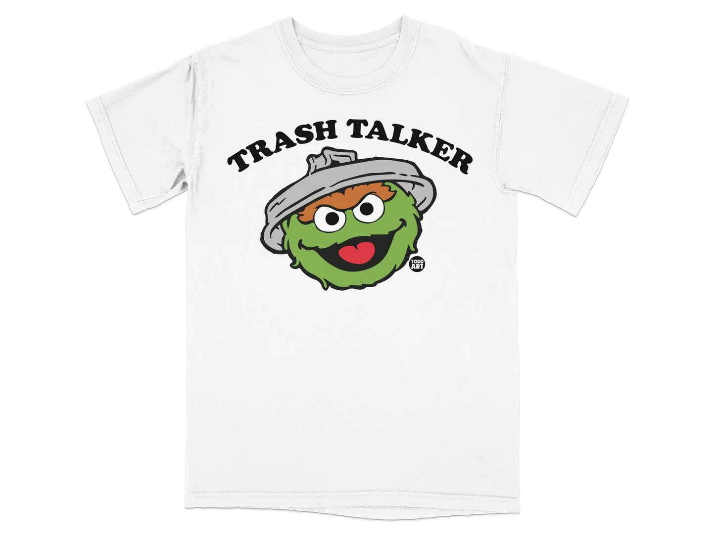 Oscar the Grouch wearing a trash can hat on a white t-shirt.