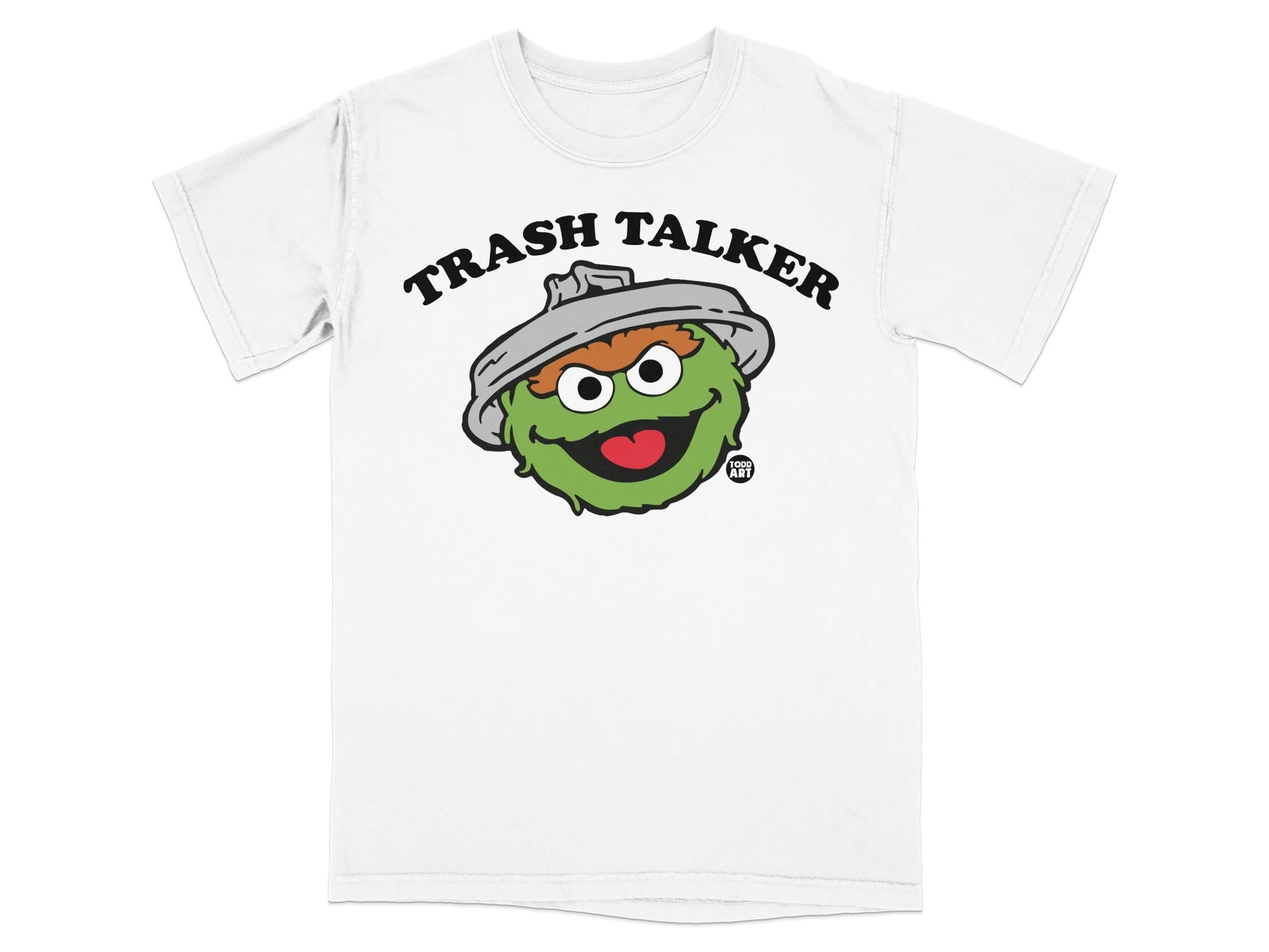 Oscar the Grouch wearing a trash can hat on a white t-shirt.