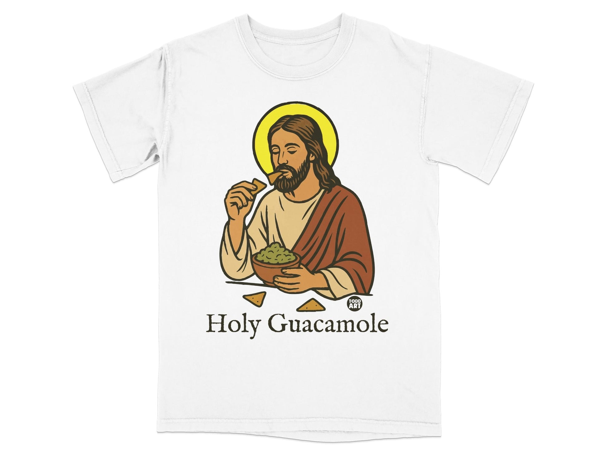 Jesus eating guacamole from a bowl, text "Holy Guacamole".