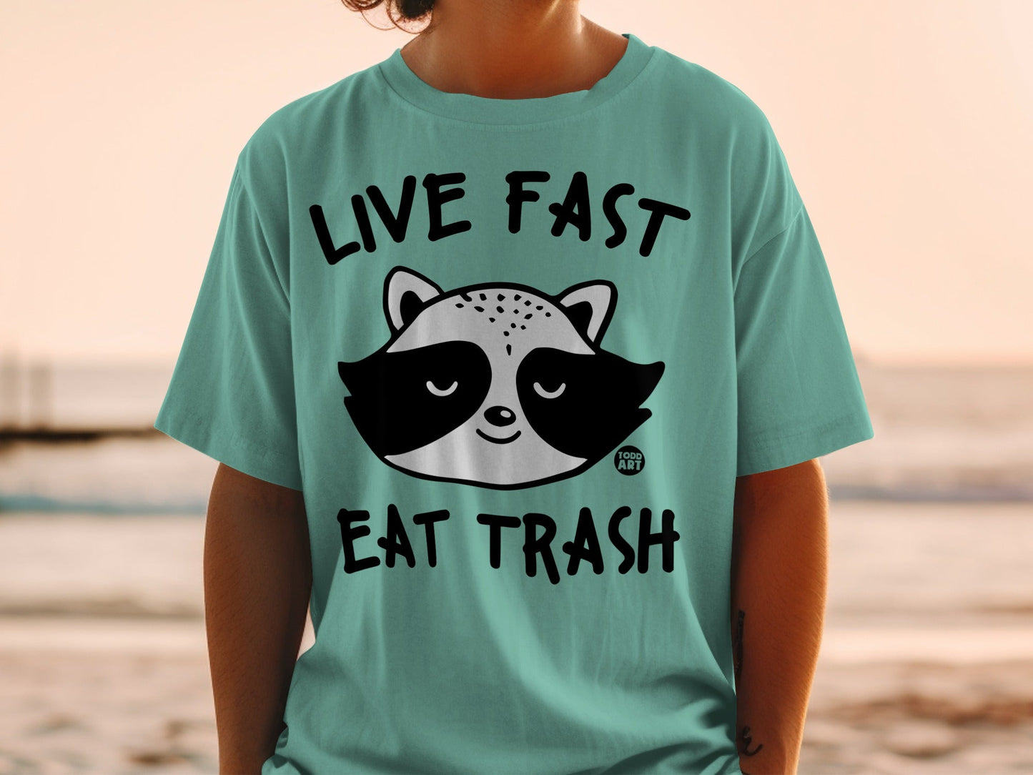 Teal t-shirt with "LIVE FAST EAT TRASH" and a raccoon graphic.