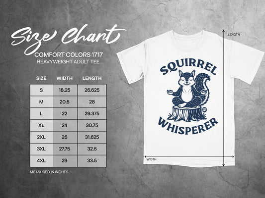 Size chart for a white t-shirt with a squirrel graphic, listing sizes S-4XL.